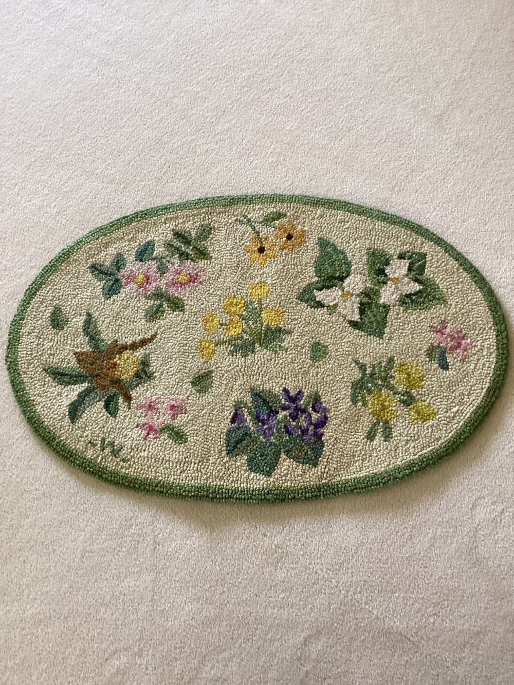 Rare George Wells Floral Needlepoint Rug, signed. Vintage.